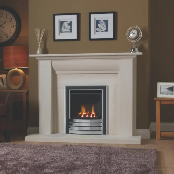 Paragon Focus RS Plus BF balanced flue gas fire with a chrome fascia in a fireplace