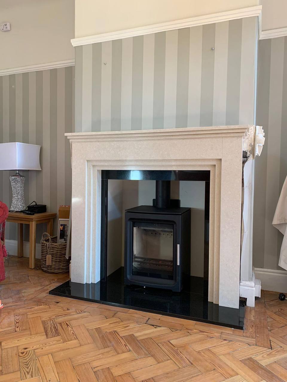 Knutsford Portuguese limestone fireplace with a Purevision PV5 stove