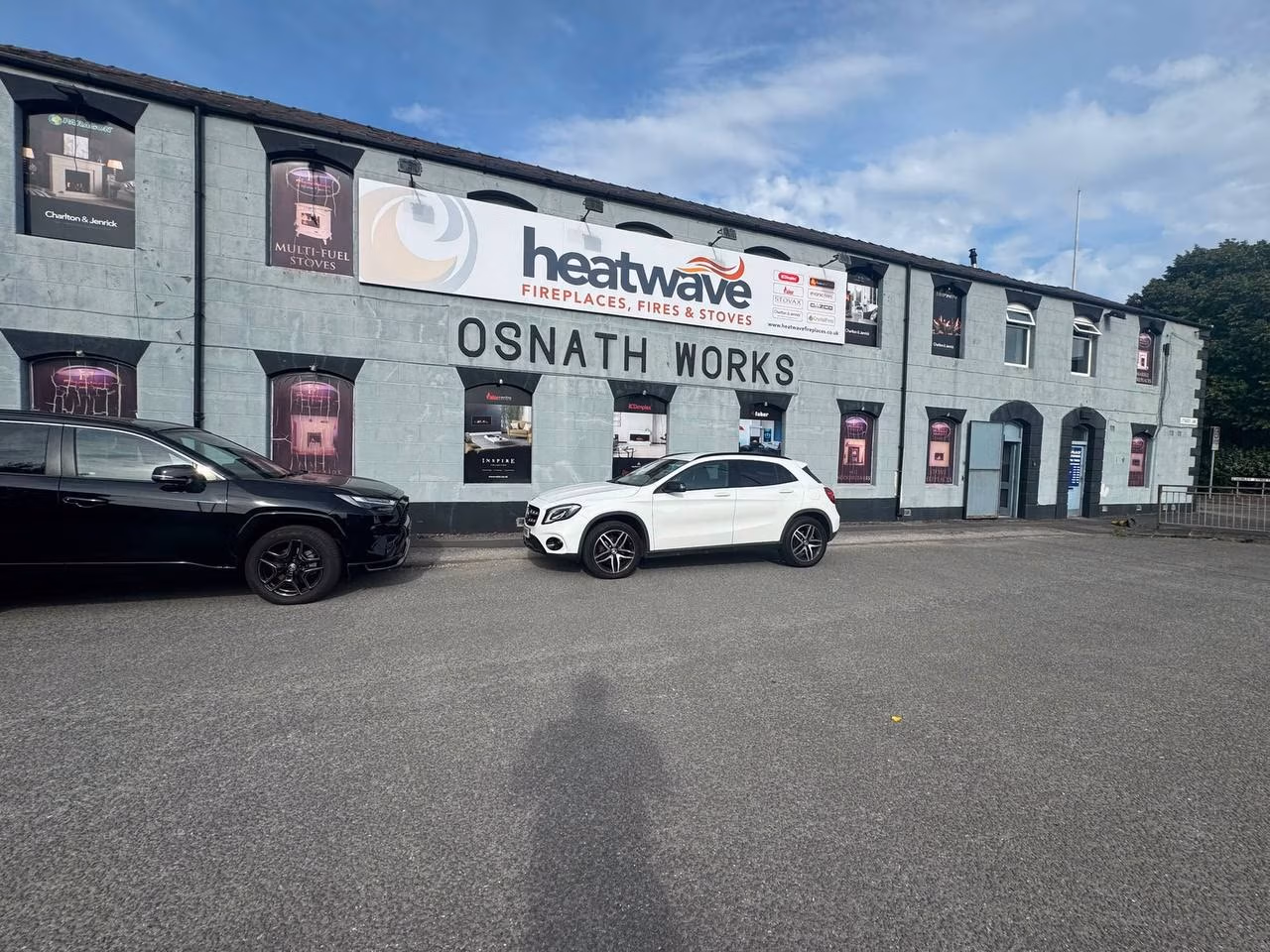 Heatwave Fireplaces showroom exterior at Osnath Works, Lythgoes Lane, Warrington