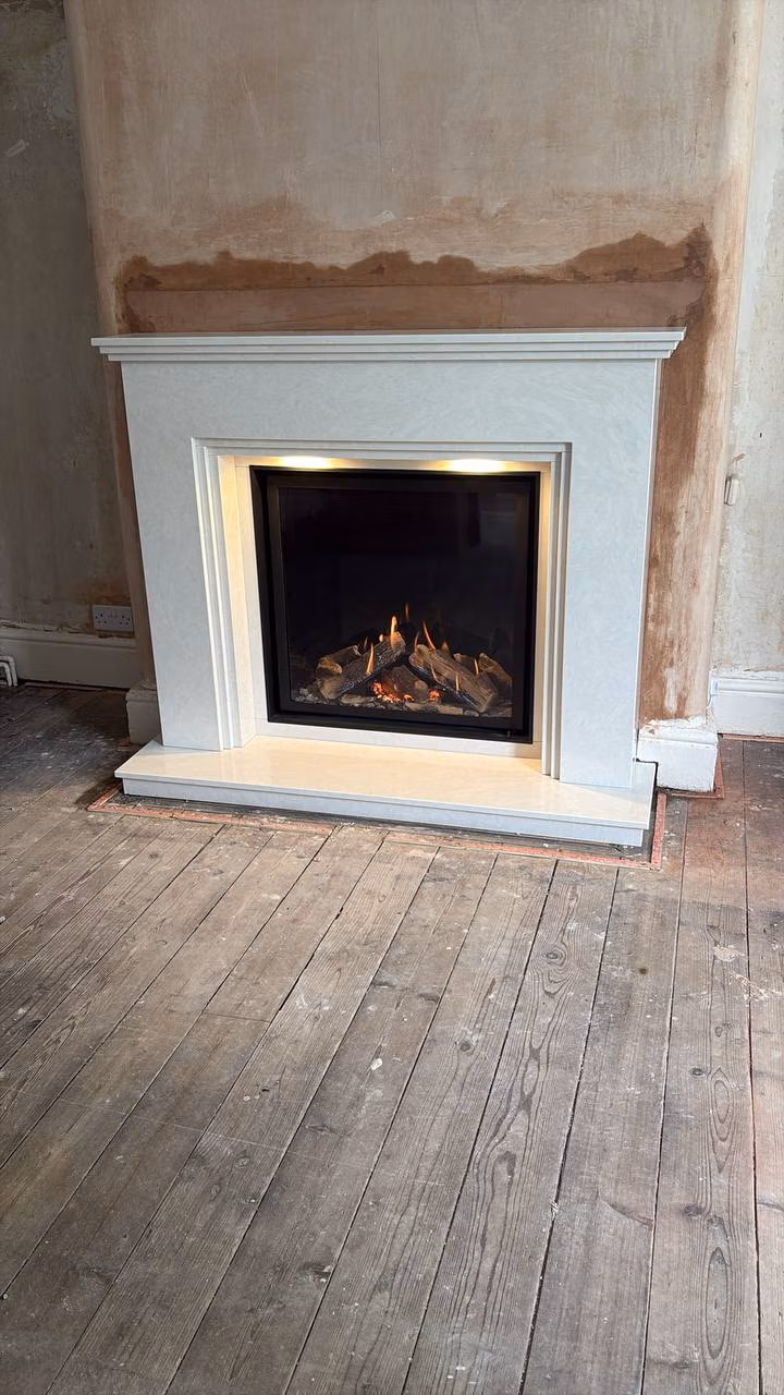 Wildfire Ravel 750 in a Bespoke Marble Fireplace, Installed in Widnes