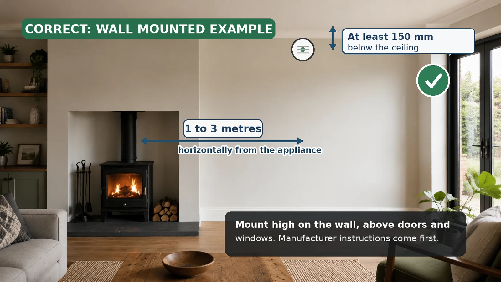 Wall mounted carbon monoxide alarm 1 to 3 metres from a stove and at least 150mm below the ceiling, marked with a green tick