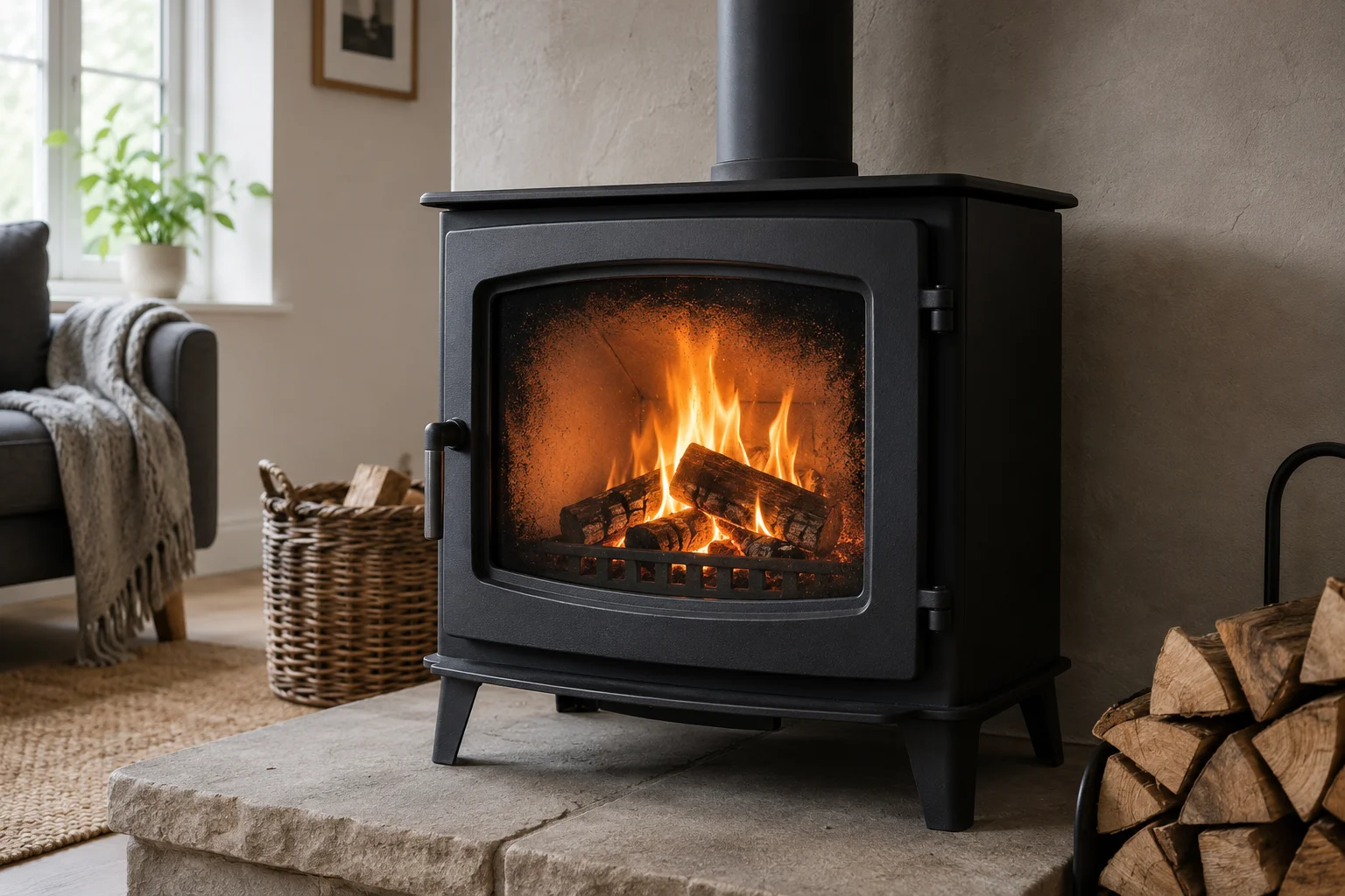 Lit wood burning stove with black soot around the inside edges of the door glass